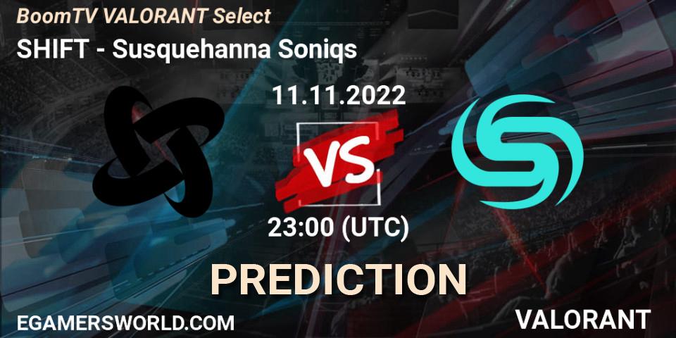 Prognose für das Spiel SHIFT VS Susquehanna Soniqs. 11.11.2022 at 23:00. VALORANT - BoomTV VALORANT Select