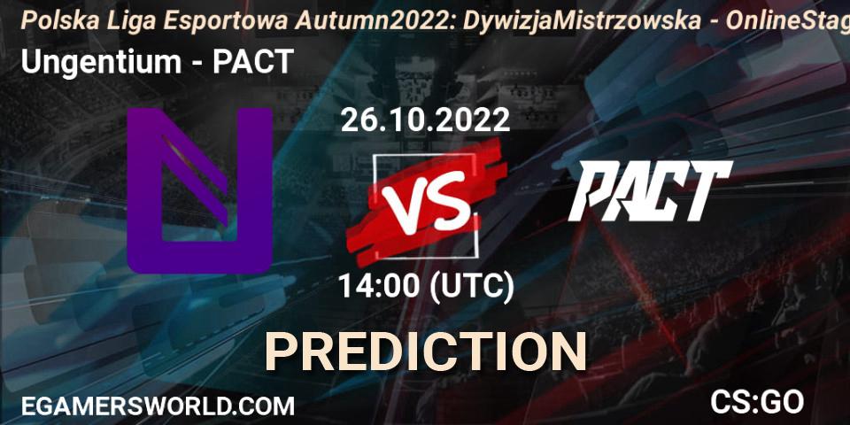 Prognose für das Spiel Ungentium VS PACT. 26.10.2022 at 14:00. Counter-Strike (CS2) - Polska Liga Esportowa Autumn 2022: Dywizja Mistrzowska - Online Stage