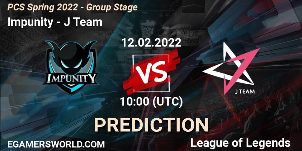 Prognose für das Spiel Impunity VS J Team. 12.02.2022 at 10:00. LoL - PCS Spring 2022 - Group Stage