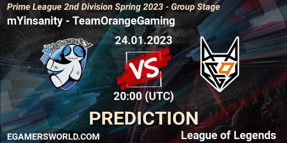 Prognose für das Spiel mYinsanity VS TeamOrangeGaming. 24.01.2023 at 20:00. LoL - Prime League 2nd Division Spring 2023 - Group Stage