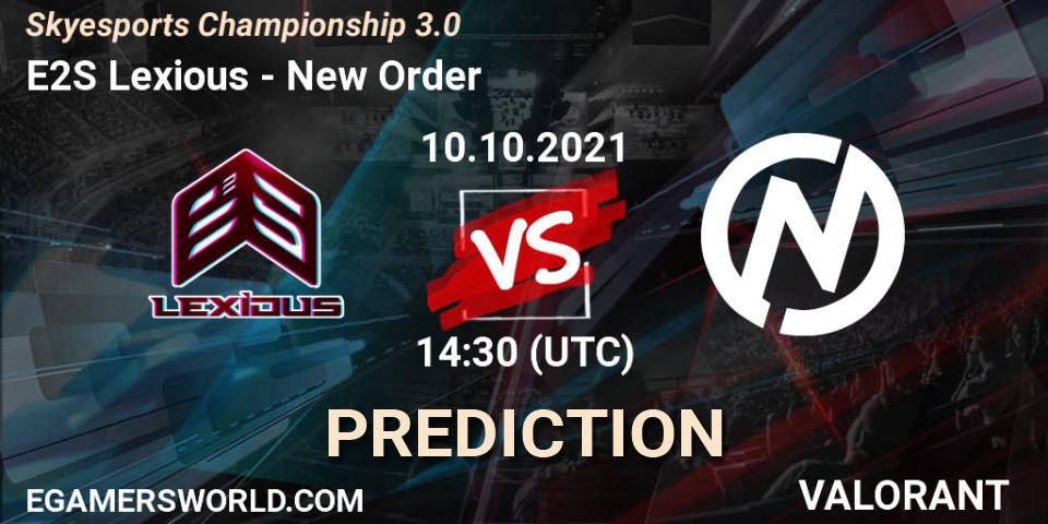 Prognose für das Spiel E2S Lexious VS New Order. 10.10.2021 at 14:30. VALORANT - Skyesports Championship 3.0