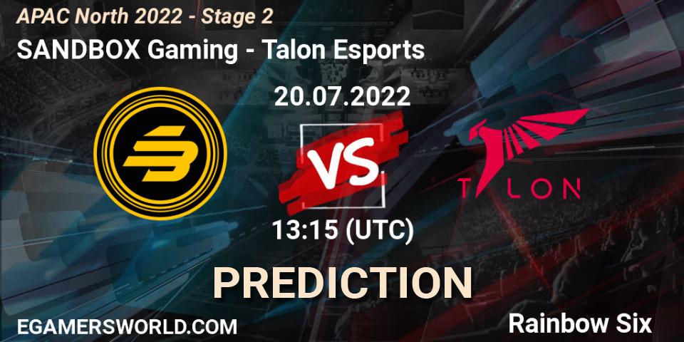 Prognose für das Spiel SANDBOX Gaming VS Talon Esports. 20.07.2022 at 13:15. Rainbow Six - APAC North 2022 - Stage 2