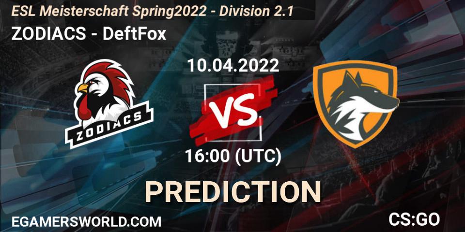 Prognose für das Spiel ZODIACS VS DeftFox. 10.04.22. CS2 (CS:GO) - ESL Meisterschaft Spring 2022 - Division 2.1