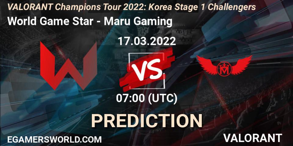 Prognose für das Spiel World Game Star VS Maru Gaming. 17.03.2022 at 07:00. VALORANT - VCT 2022: Korea Stage 1 Challengers