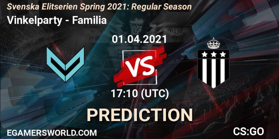 Prognose für das Spiel Vinkelparty VS Familia. 01.04.2021 at 17:10. Counter-Strike (CS2) - Svenska Elitserien Spring 2021: Regular Season