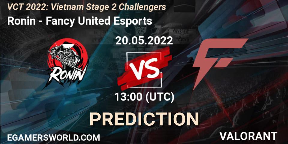 Prognose für das Spiel Ronin VS Fancy United Esports. 20.05.2022 at 13:00. VALORANT - VCT 2022: Vietnam Stage 2 Challengers