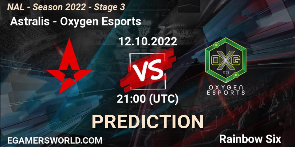 Prognose für das Spiel Astralis VS Oxygen Esports. 12.10.2022 at 21:00. Rainbow Six - NAL - Season 2022 - Stage 3