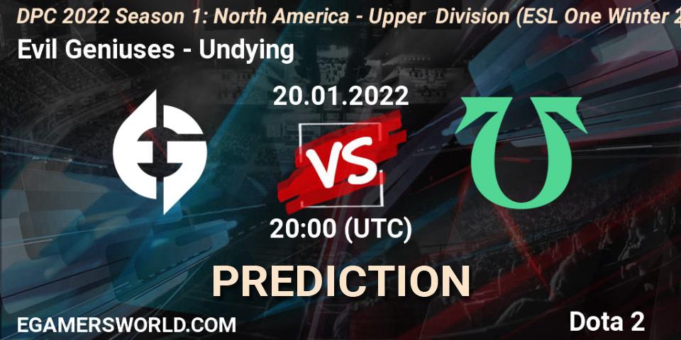 Prognose für das Spiel Evil Geniuses VS Undying. 20.01.2022 at 20:22. Dota 2 - DPC 2022 Season 1: North America - Upper Division (ESL One Winter 2021)