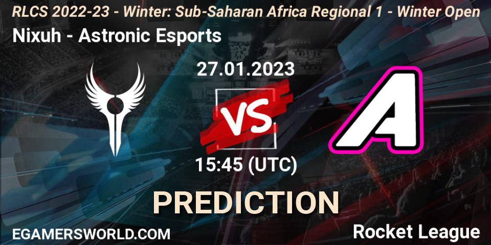 Prognose für das Spiel Nixuh VS Astronic Esports. 27.01.2023 at 15:45. Rocket League - RLCS 2022-23 - Winter: Sub-Saharan Africa Regional 1 - Winter Open