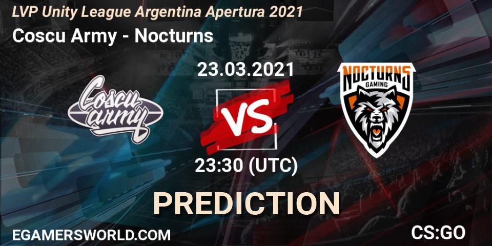 Prognose für das Spiel Coscu Army VS Nocturns. 23.03.2021 at 23:30. Counter-Strike (CS2) - LVP Unity League Argentina Apertura 2021