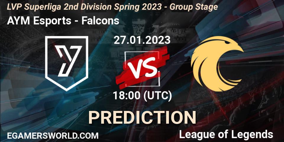 Prognose für das Spiel AYM Esports VS Falcons. 27.01.2023 at 18:00. LoL - LVP Superliga 2nd Division Spring 2023 - Group Stage