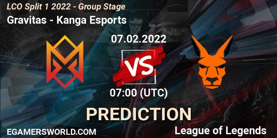 Prognose für das Spiel Gravitas VS Kanga Esports. 07.02.2022 at 07:00. LoL - LCO Split 1 2022 - Group Stage 