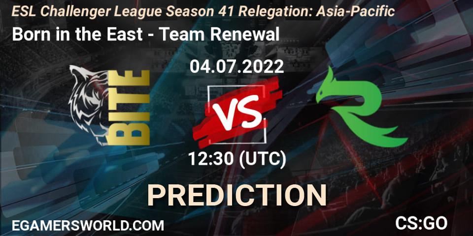 Prognose für das Spiel Born in the East VS Team Renewal. 04.07.2022 at 12:30. Counter-Strike (CS2) - ESL Challenger League Season 41 Relegation: Asia-Pacific