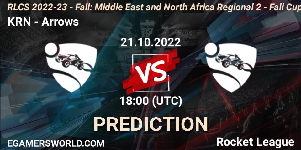 Prognose für das Spiel KRN VS Arrows. 21.10.2022 at 17:00. Rocket League - RLCS 2022-23 - Fall: Middle East and North Africa Regional 2 - Fall Cup