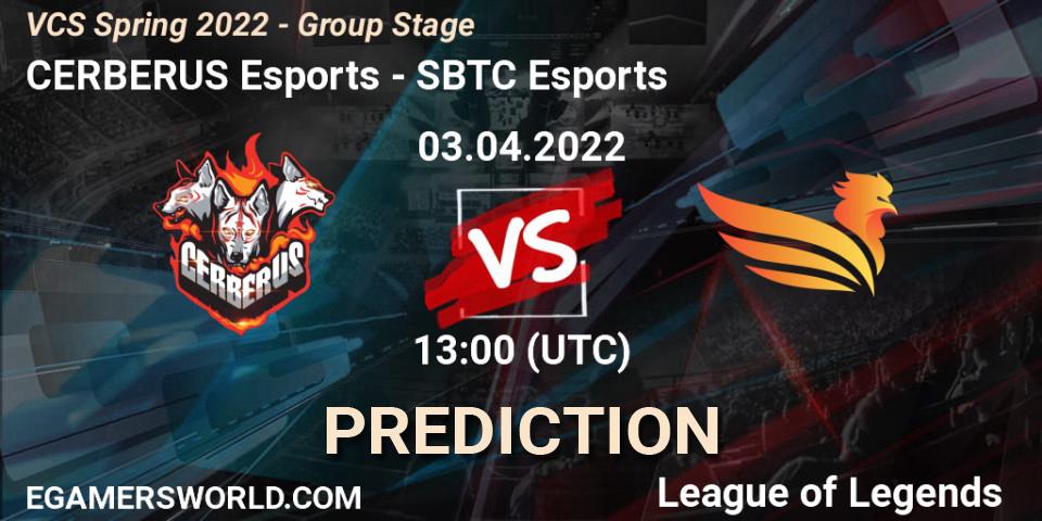 Prognose für das Spiel CERBERUS Esports VS SBTC Esports. 03.04.2022 at 13:00. LoL - VCS Spring 2022 - Group Stage 