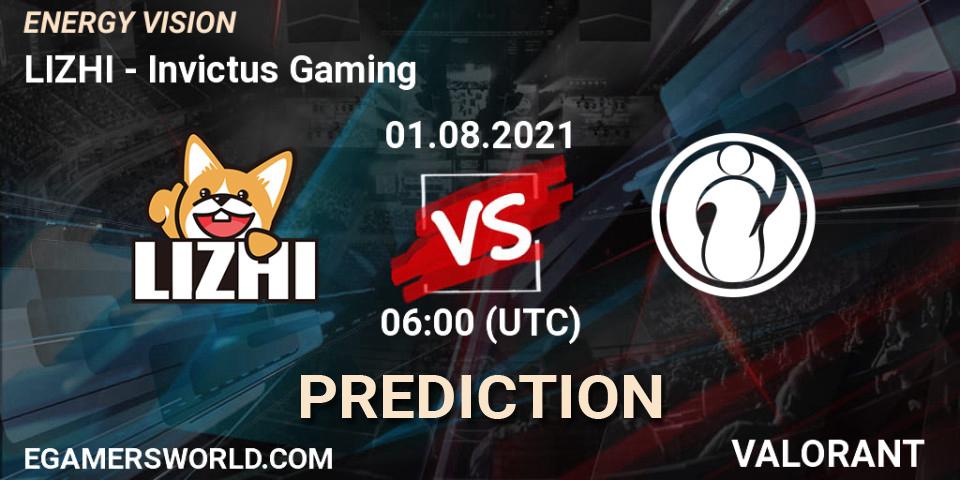 Prognose für das Spiel LIZHI VS Invictus Gaming. 01.08.2021 at 06:00. VALORANT - ENERGY VISION
