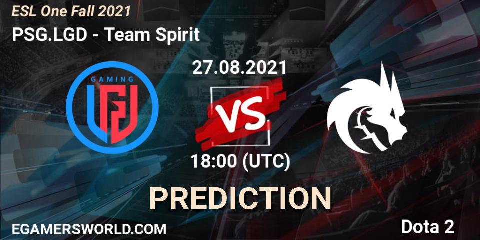 Prognose für das Spiel PSG.LGD VS Team Spirit. 27.08.2021 at 18:49. Dota 2 - ESL One Fall 2021
