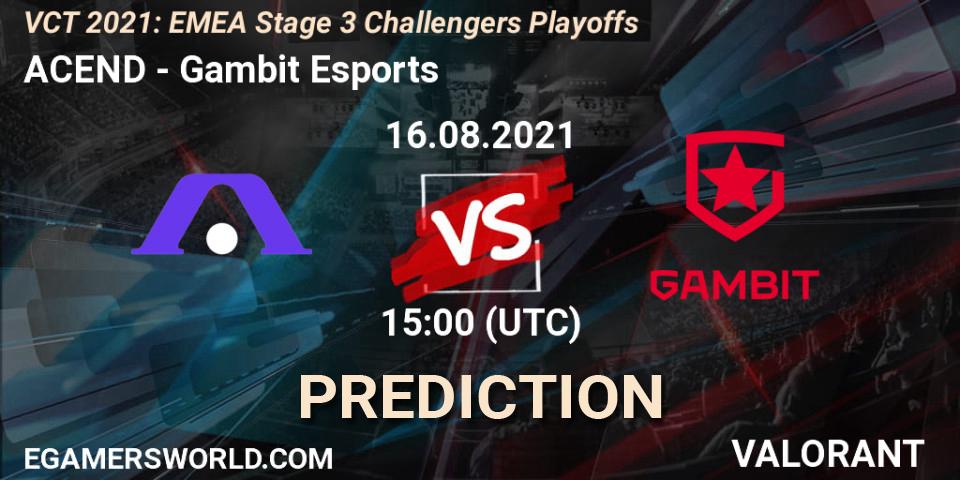 Prognose für das Spiel ACEND VS Gambit Esports. 16.08.2021 at 15:00. VALORANT - VCT 2021: EMEA Stage 3 Challengers Playoffs