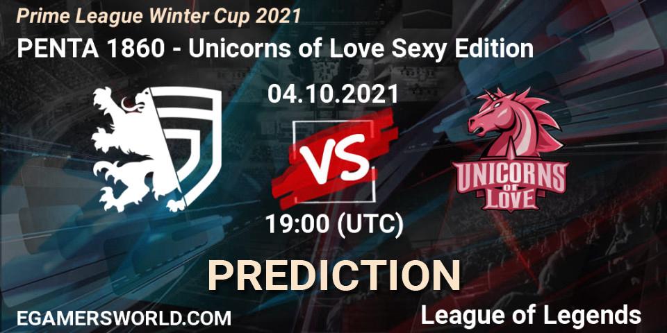 Prognose für das Spiel PENTA 1860 VS Unicorns of Love Sexy Edition. 04.10.2021 at 19:00. LoL - Prime League Winter Cup 2021