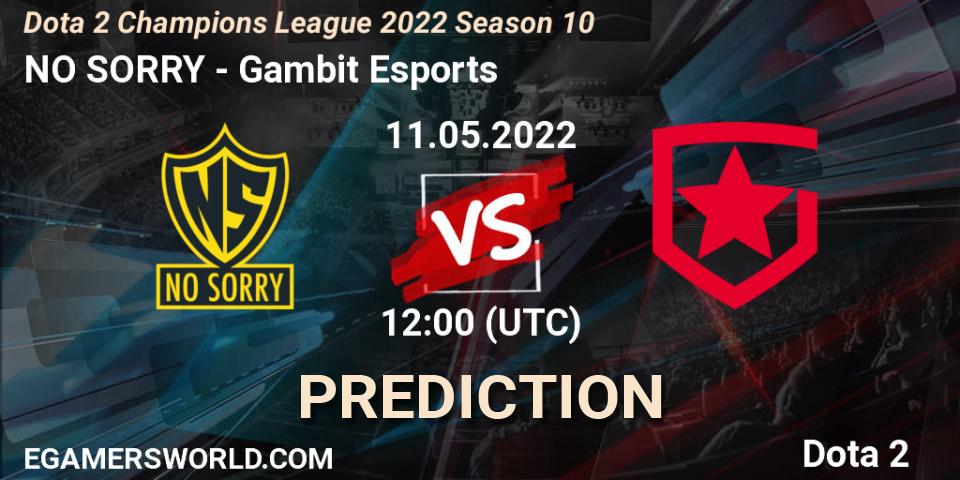 Prognose für das Spiel NO SORRY VS Gambit Esports. 11.05.2022 at 12:01. Dota 2 - Dota 2 Champions League 2022 Season 10 