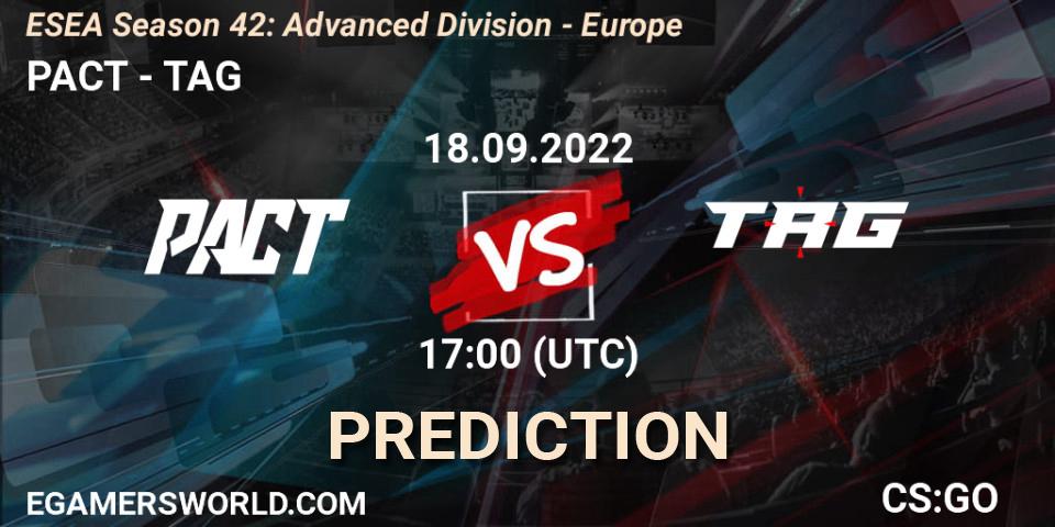 Prognose für das Spiel PACT VS TAG. 18.09.2022 at 17:00. Counter-Strike (CS2) - ESEA Season 42: Advanced Division - Europe