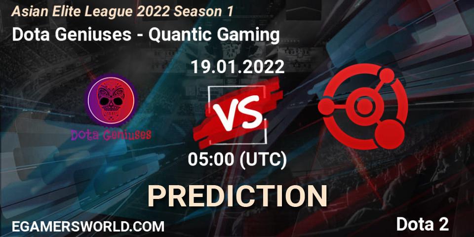 Prognose für das Spiel Dota Geniuses VS Quantic Gaming. 19.01.2022 at 06:59. Dota 2 - Asian Elite League 2022 Season 1