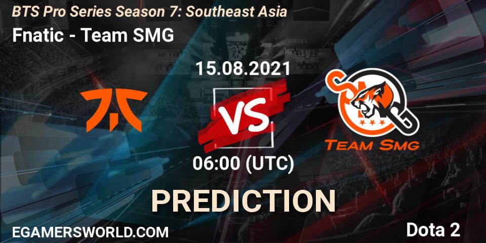 Prognose für das Spiel Fnatic VS Team SMG. 15.08.2021 at 06:00. Dota 2 - BTS Pro Series Season 7: Southeast Asia