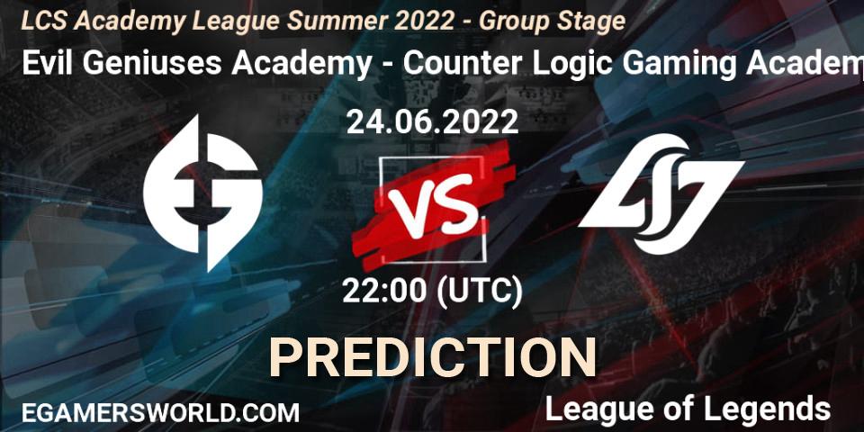 Prognose für das Spiel Evil Geniuses Academy VS Counter Logic Gaming Academy. 24.06.2022 at 22:00. LoL - LCS Academy League Summer 2022 - Group Stage