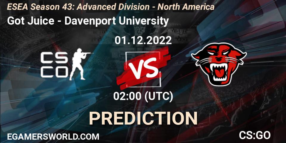 Prognose für das Spiel Got Juice VS Davenport University. 01.12.22. CS2 (CS:GO) - ESEA Season 43: Advanced Division - North America