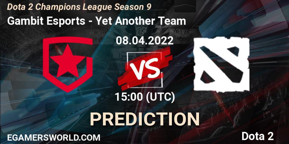 Prognose für das Spiel Gambit Esports VS Yet Another Team. 08.04.2022 at 15:25. Dota 2 - Dota 2 Champions League Season 9