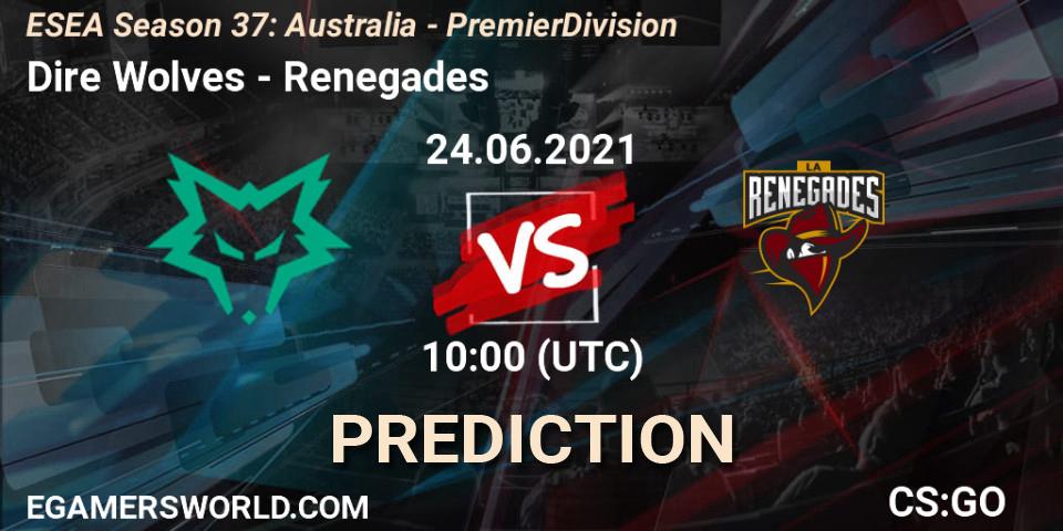 Prognose für das Spiel Dire Wolves VS Renegades. 24.06.2021 at 10:00. Counter-Strike (CS2) - ESEA Season 37: Australia - Premier Division