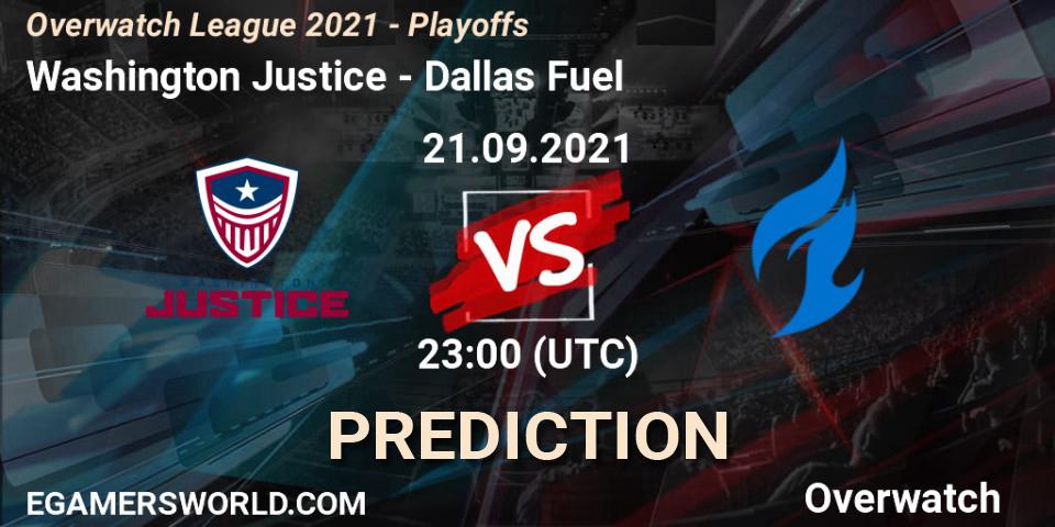 Prognose für das Spiel Washington Justice VS Dallas Fuel. 21.09.2021 at 23:00. Overwatch - Overwatch League 2021 - Playoffs