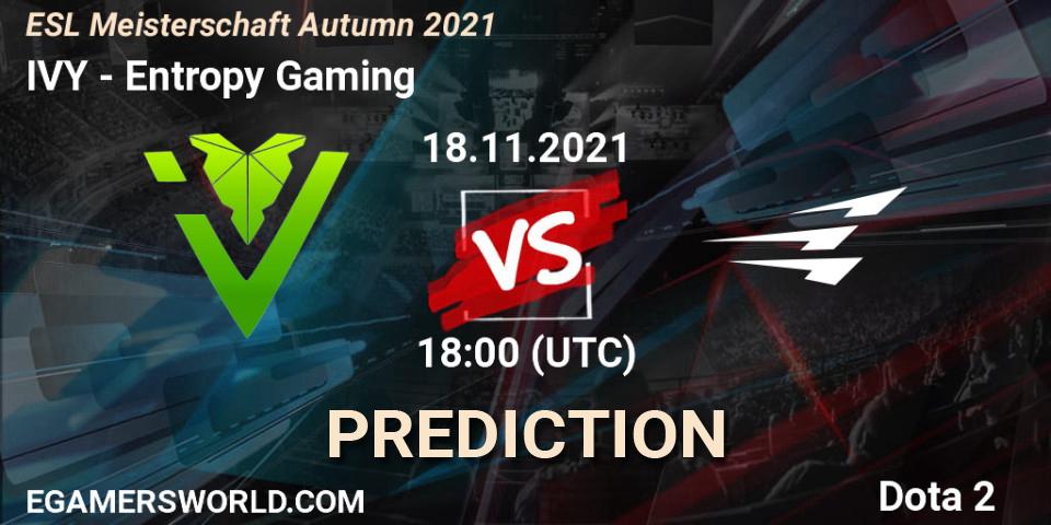 Prognose für das Spiel IVY VS Entropy Gaming. 18.11.2021 at 18:08. Dota 2 - ESL Meisterschaft Autumn 2021