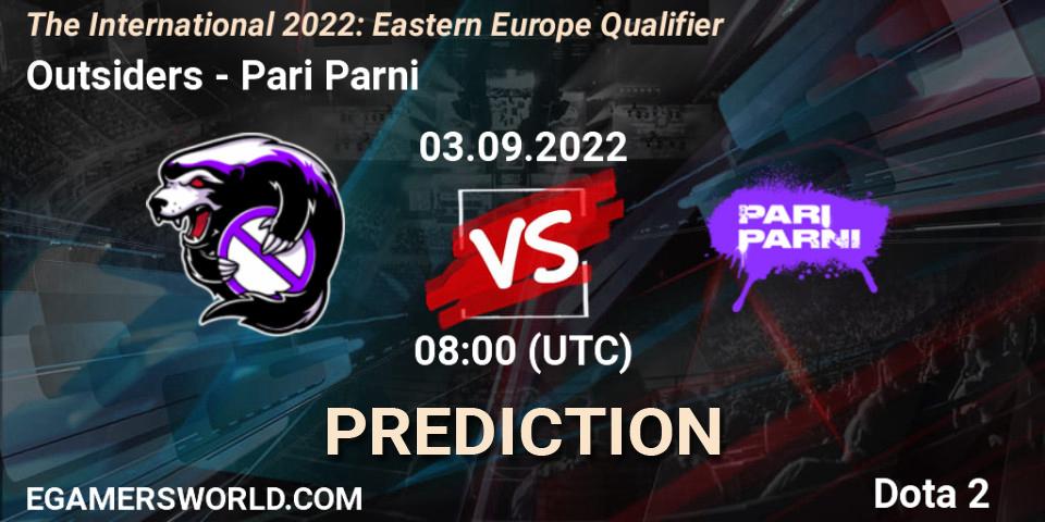 Prognose für das Spiel Outsiders VS Pari Parni. 03.09.2022 at 08:30. Dota 2 - The International 2022: Eastern Europe Qualifier