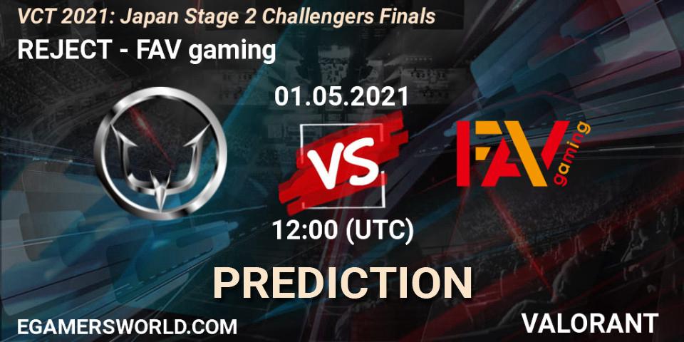 Prognose für das Spiel REJECT VS FAV gaming. 01.05.2021 at 13:00. VALORANT - VCT 2021: Japan Stage 2 Challengers Finals