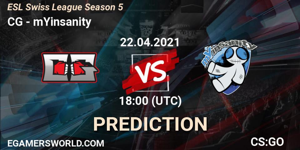 Prognose für das Spiel CG VS mYinsanity. 22.04.2021 at 18:00. Counter-Strike (CS2) - ESL Swiss League Season 5