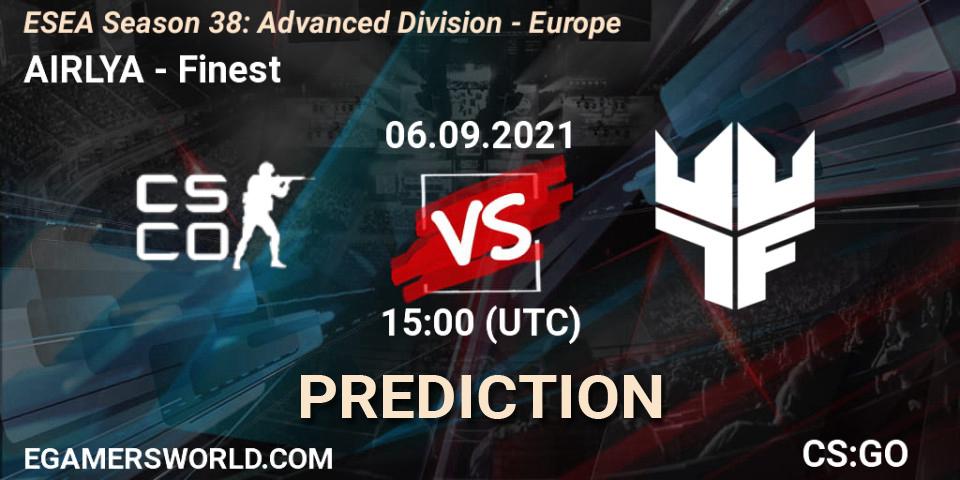 Prognose für das Spiel AIRLYA VS Finest. 06.09.2021 at 15:00. Counter-Strike (CS2) - ESEA Season 38: Advanced Division - Europe