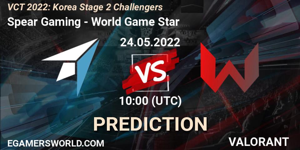 Prognose für das Spiel Spear Gaming VS World Game Star. 24.05.2022 at 11:00. VALORANT - VCT 2022: Korea Stage 2 Challengers