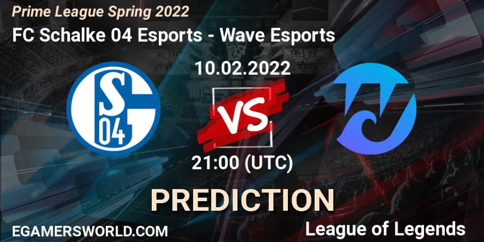 Prognose für das Spiel FC Schalke 04 Esports VS Wave Esports. 10.02.2022 at 21:30. LoL - Prime League Spring 2022