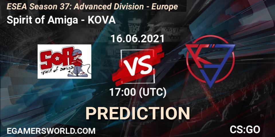 Prognose für das Spiel Spirit of Amiga VS KOVA. 16.06.2021 at 17:00. Counter-Strike (CS2) - ESEA Season 37: Advanced Division - Europe