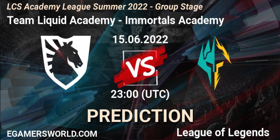 Prognose für das Spiel Team Liquid Academy VS Immortals Academy. 15.06.2022 at 22:00. LoL - LCS Academy League Summer 2022 - Group Stage