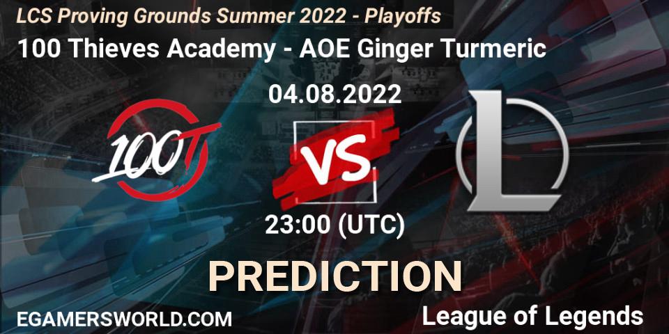 Prognose für das Spiel 100 Thieves Academy VS AOE Ginger Turmeric. 04.08.2022 at 22:00. LoL - LCS Proving Grounds Summer 2022 - Playoffs