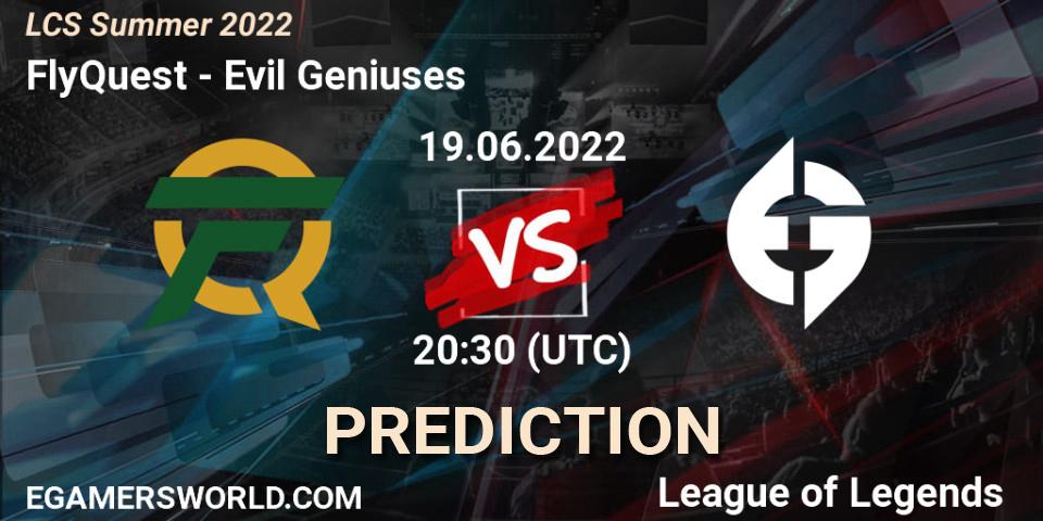 Prognose für das Spiel FlyQuest VS Evil Geniuses. 19.06.2022 at 20:30. LoL - LCS Summer 2022