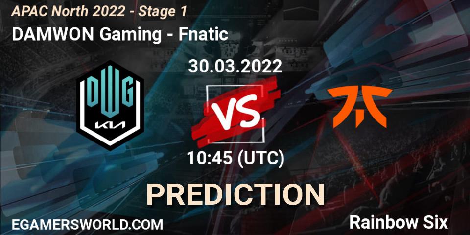 Prognose für das Spiel DAMWON Gaming VS Fnatic. 30.03.2022 at 10:45. Rainbow Six - APAC North 2022 - Stage 1