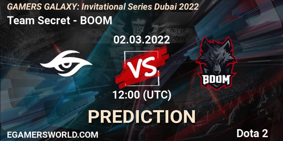 Prognose für das Spiel Team Secret VS BOOM. 02.03.2022 at 11:15. Dota 2 - GAMERS GALAXY: Invitational Series Dubai 2022