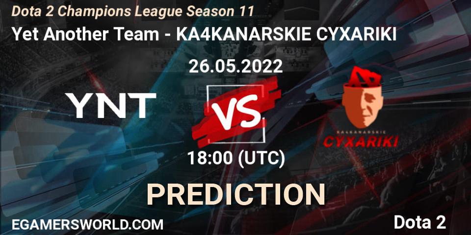 Prognose für das Spiel Yet Another Team VS KA4KANARSKIE CYXARIKI. 26.05.2022 at 19:13. Dota 2 - Dota 2 Champions League Season 11