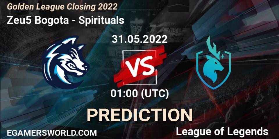 Prognose für das Spiel Zeu5 Bogota VS Spirituals. 31.05.2022 at 01:00. LoL - Golden League Closing 2022