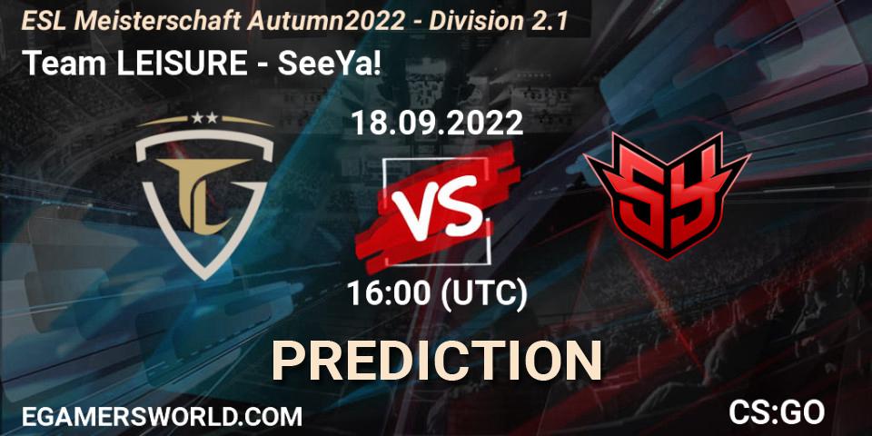 Prognose für das Spiel Team LEISURE VS SeeYa!. 18.09.2022 at 16:00. Counter-Strike (CS2) - ESL Meisterschaft Autumn 2022 - Division 2.1