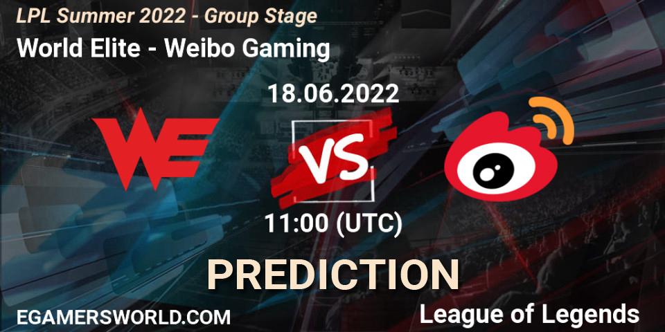 Prognose für das Spiel World Elite VS Weibo Gaming. 18.06.22. LoL - LPL Summer 2022 - Group Stage