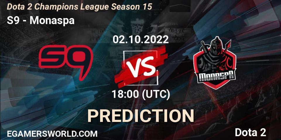 Prognose für das Spiel S9 VS Monaspa. 02.10.2022 at 18:01. Dota 2 - Dota 2 Champions League Season 15